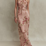 Lia - Elegant Floral Print Chiffon Maxi Dress with Keyhole Neckline