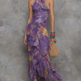 Anna - Elegant Purple Floral Chiffon Halter Maxi Dress