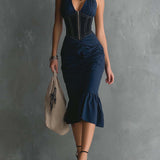 Christine - Elegant Halter Zipper Ruched Midi Dress