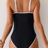 Maclair & Co. - Womens Tummy Control Swimsuit Color Block One Piece Bathing Suits Slimming Double Straps Swimwear High Cut Swim Suit