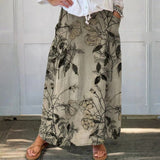 Women's Retro Floral Art Linen Elastic waistband Pocket Skirt