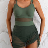 Maclair & Co. - Women One Piece Swim Dress Tummy Control Swimsuits Slimming Mesh Drawstring Sarong Wraps Bathing Suits