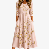 Golden Magnolia Bloom Pocket Midi Dress