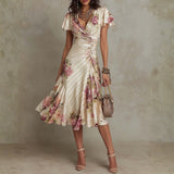 Albas - Elegant Retro Floral Satin Midi Dress