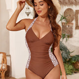 Maclair & Co. - Women One Piece Swimsuit Leopard Splicing Halter V Neck Sexy Tummy Control Push Up Swimwear Back Tie Bathing Suit