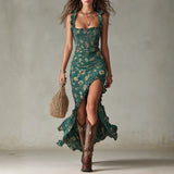 Zara - Retro Boho Maxi Dress with Flowing Sleeves and Side Slit