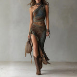 María - Asymmetrical long dress with ethnic print and side slit