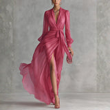 Abigail - Elegant Rose Pink Chiffon V-neck Tie-waist Long Dress