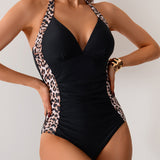 Maclair & Co. - Women One Piece Swimsuit Leopard Splicing Halter V Neck Sexy Tummy Control Push Up Swimwear Back Tie Bathing Suit