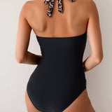 Maclair & Co. - Women One Piece Swimsuit Leopard Splicing Halter V Neck Sexy Tummy Control Push Up Swimwear Back Tie Bathing Suit
