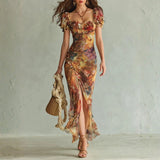 Viola - Long orange chiffon dress with bohemian-style oil painting print