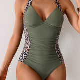 Maclair & Co. - Women One Piece Swimsuit Leopard Splicing Halter V Neck Sexy Tummy Control Push Up Swimwear Back Tie Bathing Suit
