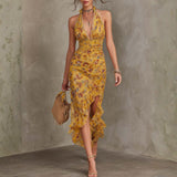 Emma - Ginger Yellow Floral Halter Neck Fitted Waist Chiffon Midi Dress