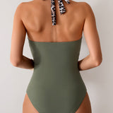 Maclair & Co. - Women One Piece Swimsuit Leopard Splicing Halter V Neck Sexy Tummy Control Push Up Swimwear Back Tie Bathing Suit