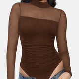 Illusion Mesh Turtleneck Long Sleeve Tummy Control Bodysuit