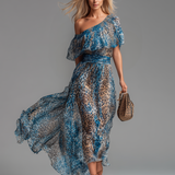 Wild - Long chiffon dress with leopard print and bare shoulders