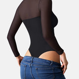 Illusion Mesh Turtleneck Long Sleeve Tummy Control Bodysuit