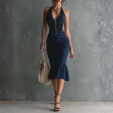 Christine - Elegant Halter Zipper Ruched Midi Dress