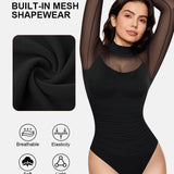 Illusion Mesh Turtleneck Long Sleeve Tummy Control Bodysuit