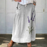 Watercolor Lavender Floral Printed Women's Linen Elastic waistband Pocket Skirt