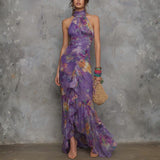Anna - Elegant Purple Floral Chiffon Halter Maxi Dress