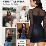 Illusion Mesh Turtleneck Long Sleeve Tummy Control Bodysuit