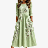 Sage Blossom Garden Pocket Midi Dress