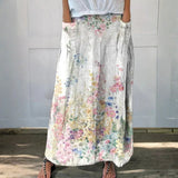 Women's Retro Elegant Floral Art Linen Elastic waistband Pocket Skirt