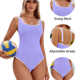Maclair & Co. - Women's One Piece Swimsuit Sports Adjustable Strap Bathing Suit Color Block Ribbed High Cut Swimsuits