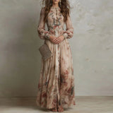Patty - Vintage Floral Print High Waist Pleated Long Dress