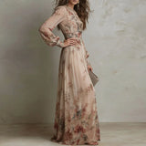Patty - Vintage Floral Print High Waist Pleated Long Dress