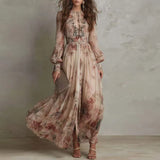 Patty - Vintage Floral Print High Waist Pleated Long Dress
