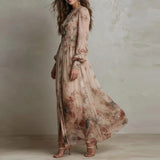 Patty - Vintage Floral Print High Waist Pleated Long Dress