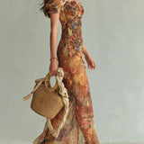 Viola - Long orange chiffon dress with bohemian-style oil painting print