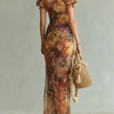Viola - Long orange chiffon dress with bohemian-style oil painting print