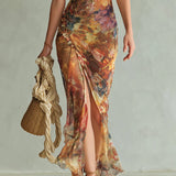 Viola - Long orange chiffon dress with bohemian-style oil painting print