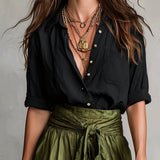 Vera - Two-Piece Set: Black T-Shirt and Olive Green Midi Skirt