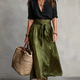 Vera - Two-Piece Set: Black T-Shirt and Olive Green Midi Skirt