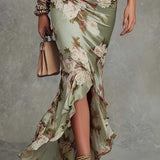 Anna - Asymmetrical long dress in green satin with V-neck, flared puff sleeves, and floral pattern