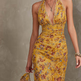 Emma - Ginger Yellow Floral Halter Neck Fitted Waist Chiffon Midi Dress