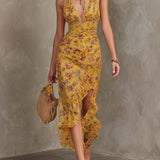 Emma - Ginger Yellow Floral Halter Neck Fitted Waist Chiffon Midi Dress