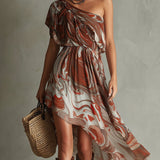 Rosa - Boho One-shoulder Irregular Marble Abstract Print Chiffon Midi Dress