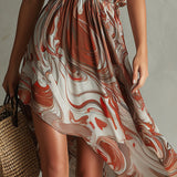 Rosa - Boho One-shoulder Irregular Marble Abstract Print Chiffon Midi Dress