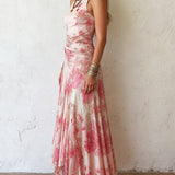 Katty - Pink Floral Chiffon Pleated Print Sleeveless Midi Dress