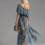 Wild - Long chiffon dress with leopard print and bare shoulders