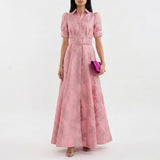 Matilda - Long Dress in Floral Jacquard with Belt
