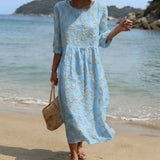 Natalie - Midi Dress with Round Neck and Floral Print