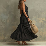 Emily - Black Bohemian High-necked Ruffled Lace Maxi Dress