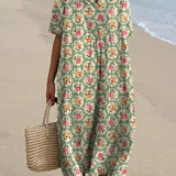 Eulalia - Retro Floral Dress in Aqua Green